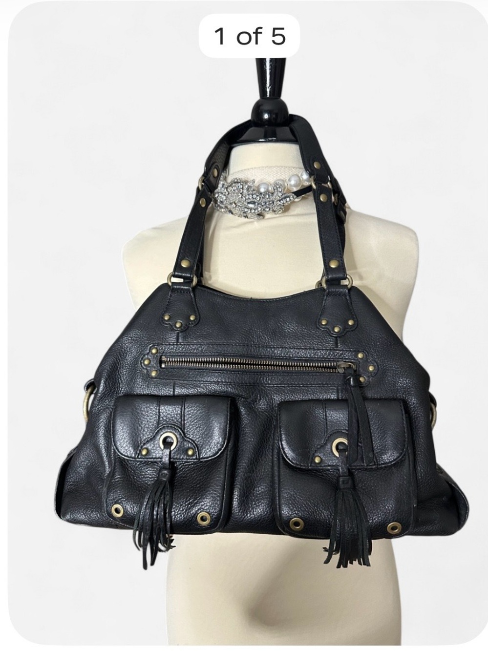 Alfani Black Leather Shoulder Bag with Tassel Pockets + Fringe VINTAGE